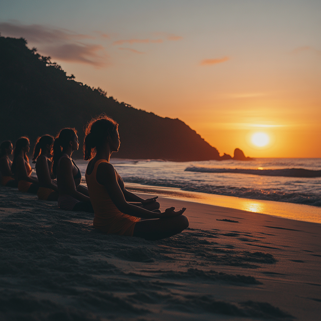Група людей медитує на березі моря під час заходу сонця, навколо тропічні пальми