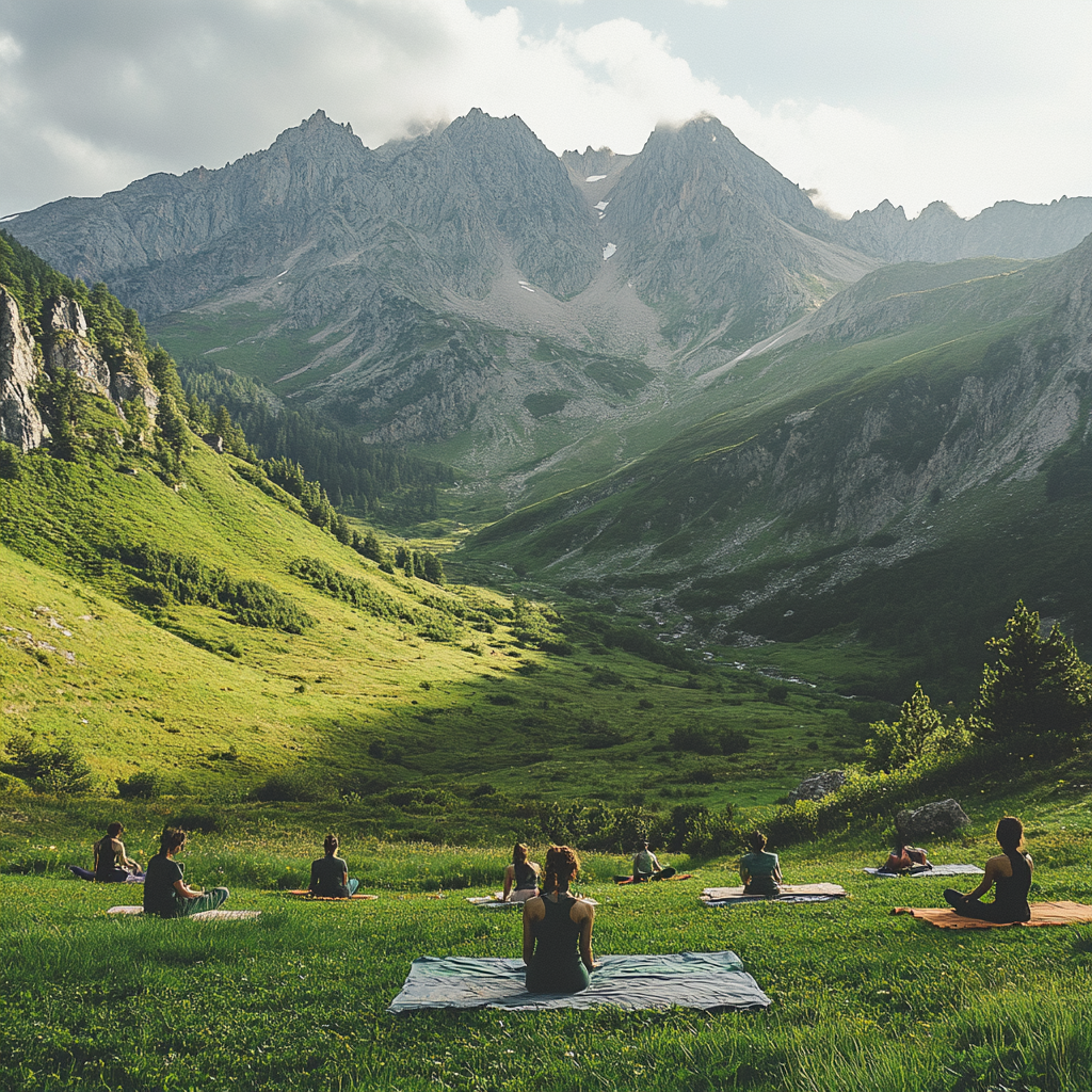 Йоги практикують асани в горах серед зелених луків та високих пі ків